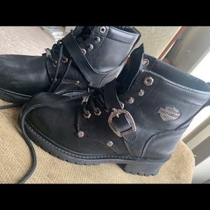 Harley-Davidson Black Leather Combat Boots with Silver Hardware